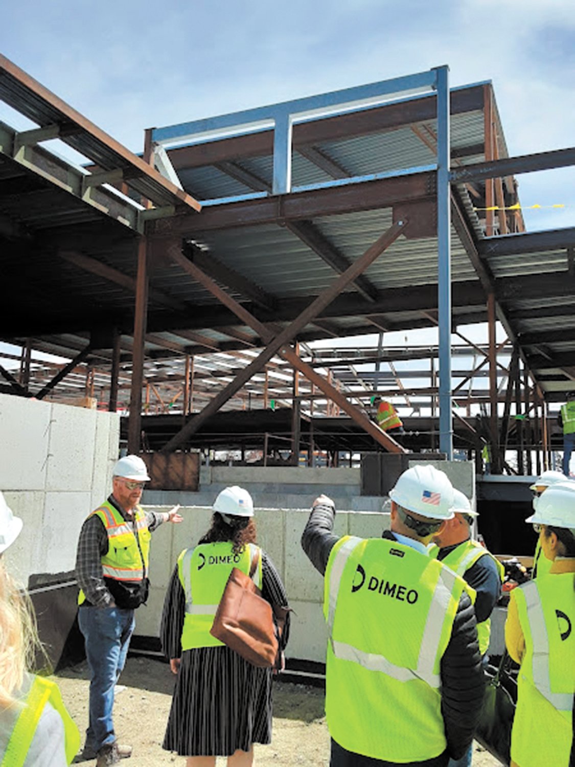 STEEL IS UP: The tour included a site walk through the construction area and a tour of the current phase of construction in which the steel beams are being erected.